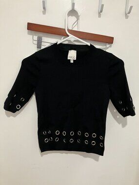 MP|C Black Knit Top XS Crew Neck Short Sleeve Silver Grommet Eyelet Stud Sweater
